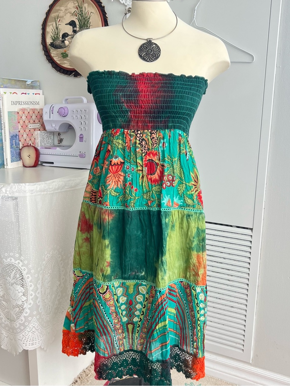 Jasmine Strapless Smocked Vintage 90s Patchwork midi dress/ maxi skirt